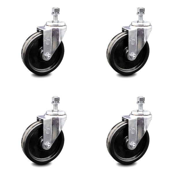 5 Inch Phenolic Wheel Swivel 12mm Threaded Stem Caster Set